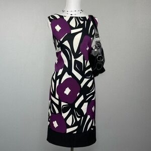 Retro Mod Sleeveless Sheath Dress Floral Abstract Black + Purple Women's 12